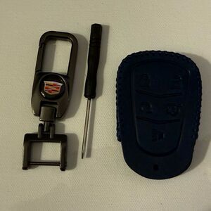 Cadillac Metal Key Fob Keychain and Key Fob Case Cover in Dark Blue Leather NWT